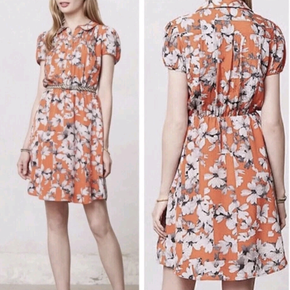 Maeve by Anthropologie 100% Silk Vibrant Orange Floral Mini Dress